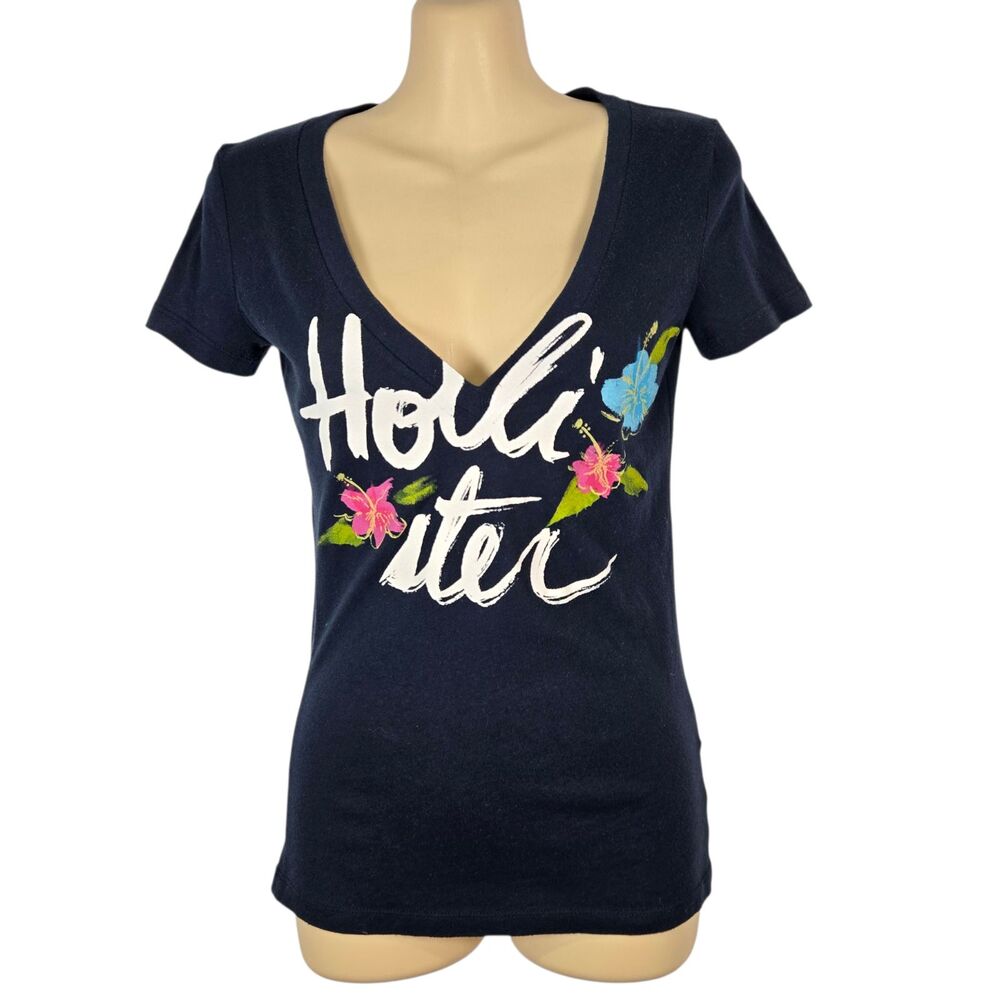Hollister Womens XS Navy Blue Deep V Neck Graphic T Shirt Hibiscus Floral Short